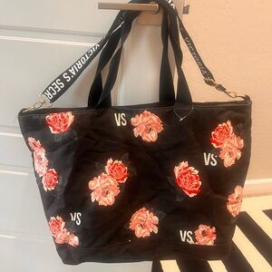 Victoria's Secret Black Tote with Pink Floral Design